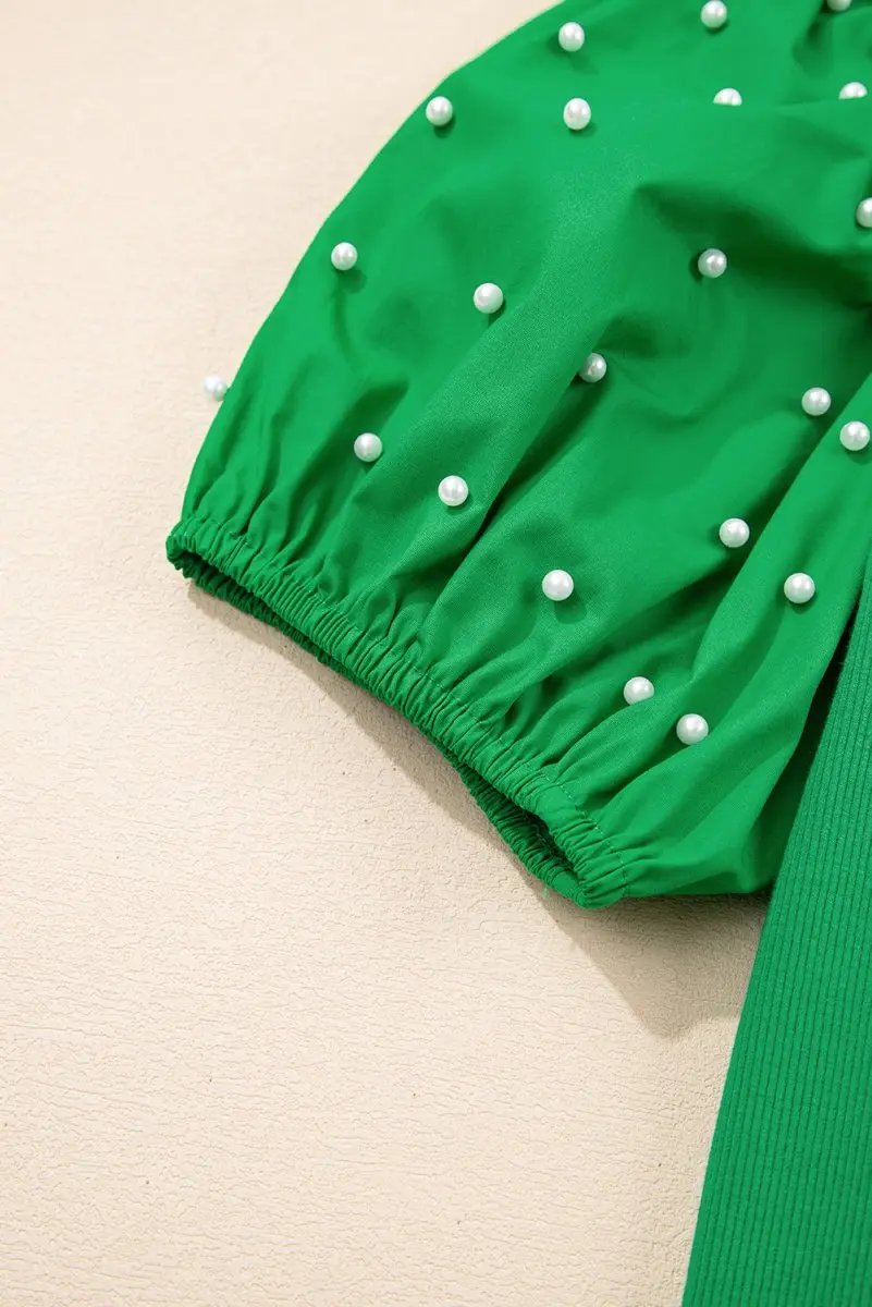 Bright Green Ribbed Pearl Beaded Puff Sleeve Top for Women - Love Salve